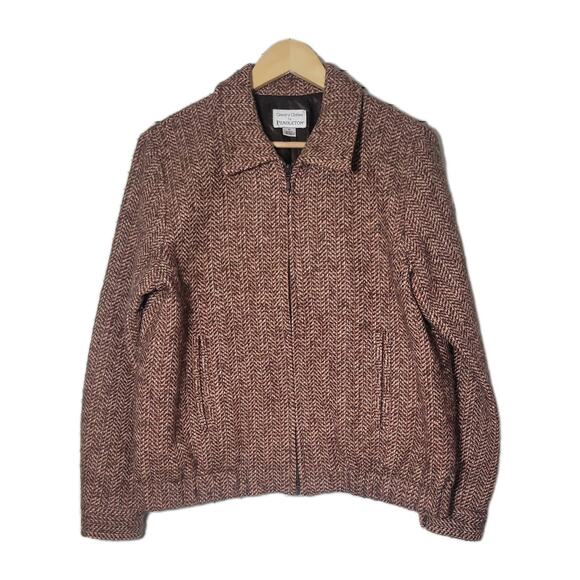 Vtg Pendleton Retro Wool Brown White Pink Herringbone Knit Zip Up Jacket SZ M - Picture 1 of 13